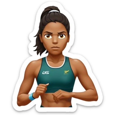 Cinematic Realistic portrait of Cathy Freeman, shown as an iconic Australian athlete with a focused, determined expression and modern athletic attire accented with subtle native motifs, rendered in dynamic, vibrant lighting sticker