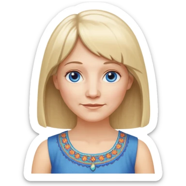 50 yr old white woman, hippie parted hair, short bangs, very long straight blond hair, oval face, small smile, blue eyes, thin face, hair downback, hair parted at center of head, round cheeks, pale, longer hair, white dress sticker