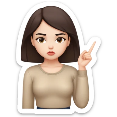 A cute girl with a pouty expression, eyebrows slightly furrowed, lips pushed out, and one hand on her hip while the other points confidently toward the sky. The background is minimal, with a soft glow highlighting her gesture. sticker