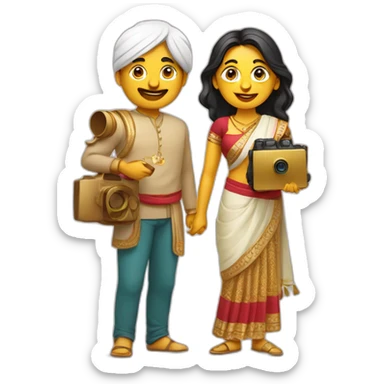 Indian golden modern man and woman with camera in one hand and food in other hand, happy smiling sticker