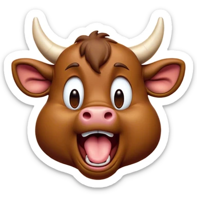 Cinematic Cute Yawning Brown Bull Portrait Emoji, Head tilted slightly with a dramatic, wide-open yawn, showcasing a smooth, rich brown hide with a subtle texture, floppy ears slightly drooping, round dark eyes barely open in drowsy contentment, Simplified yet irresistibly adorable features, highly detailed, glowing with a soft, cozy glow, high shine, relaxed yet expressive, stylized with a touch of rugged whimsy, bright and endearing, soft glowing outline, capturing the essence of a sleepy yet affectionate guardian, so drowsy it feels like it could charge right out of the screen and curl up for a nap! sticker