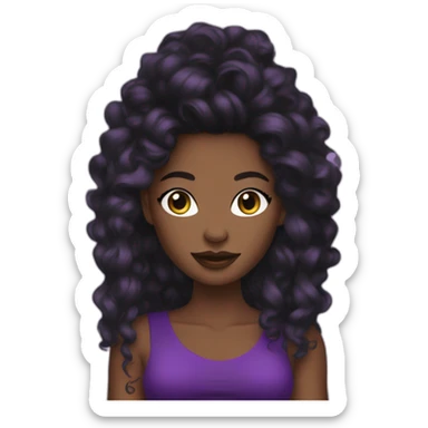 dark black woman in purple fashion y2K crop top with long hair and make up sticker
