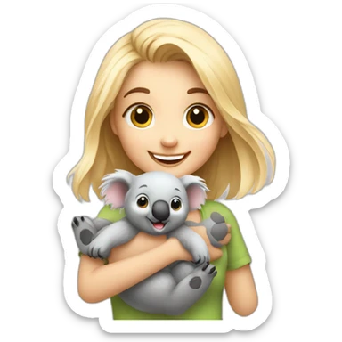 Cute happy smiling blonde girl warm holding cute koala sticker