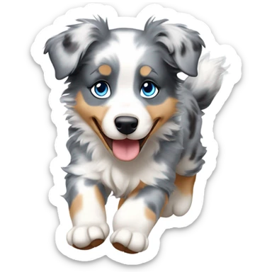 Blue merle australian shepherd puppy with mostly light grey fur with blue eyes running sticker