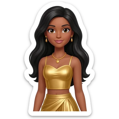 Christie from Barbie and Friends with brown eyes, long black hair, gold metallic sweetheart crop top, gold metallic assymetrical long skirt, gold necklace and earrings sticker