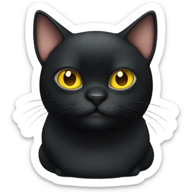 Really fat black cat with really big yellow eyes and a belly sticker