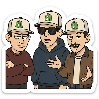 the Beastie Boys wearing hats with the Shopify logo sticker