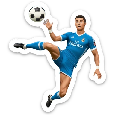 Ronaldo doing a bicycle kick with football in mid air While wearing a Retro blue Real madrid kit and yes i want it to be exactly the same as he Scored it in 2018 vs Juventus  sticker