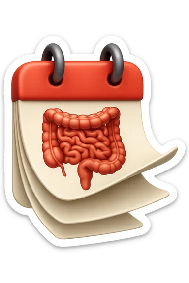 emoji stile iphone di un calendario con fogli che volano insieme, sui fogli ci sono disegnati degli intestini anatomici, iperrealistico 4k, isolato su sfondo bianco sticker