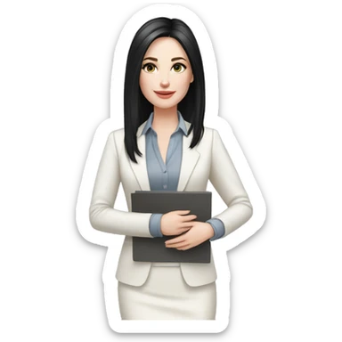 pale skin woman interior designer with cold blonde middle length black straight hair, gray eyes, White classical jacket, blouse, Gray skirt holding a color palette in the hands sticker