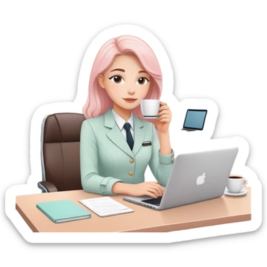 professional woman with a badge sitting at a modern desk, open laptop, coffee cup, pastel office interior, line art style, soft colors sticker