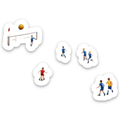 A mini-football match in an indoor sports hall with a wooden floor and clear court markings. The scene captures players in action, with the ball moving towards the goal, and the surrounding bleachers and overhead lights adding to the atmosphere of a competitive game. sticker