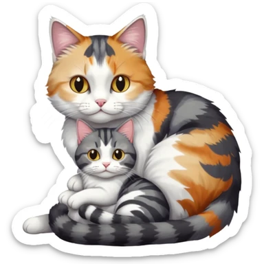 full body colourful light patched calico + white tabby cat cuddling a bigger cat that is dark grey and white tabby cat  sticker