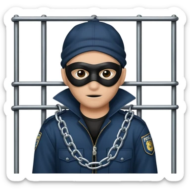 emoji of a thief behind bars with a lock, police, chains, mask, and prison elements, clear and expressive style sticker
