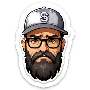 A man with a grey baseball cap, hazel eyes, big dark brown beard and glasses, crying sticker