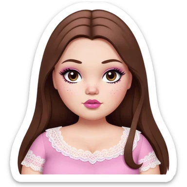 big fat plus size, pretty bratz girl, brown straight hair, freckles, dark brown eyes, pink lips, black eyeliner, pale skin, cute lace girly clothes sticker