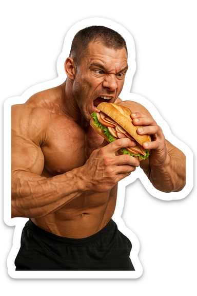 bodybuilder che mangia affamato un panino, iperrealistico 4k sticker