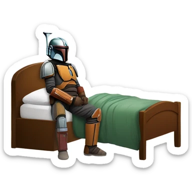 Mandalorian close next to a bed with sick person in it. sticker