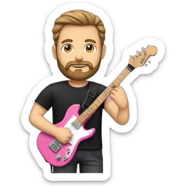 white man with beard and black t shirt and pink electric guitar sticker