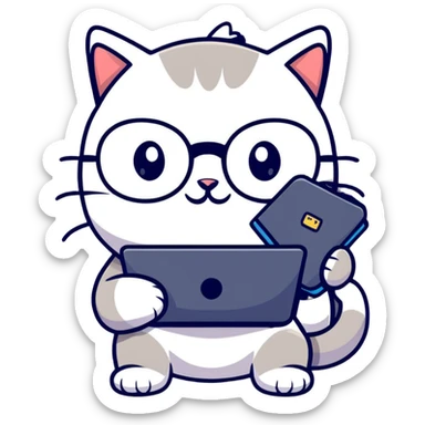 cat with glasses and a computer in its paws sticker