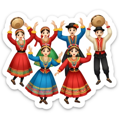 Icon for Folk Dance: a group of men and women 4-5 persons in vibrant national costumes, performing a traditional dance. Some dancers hold castanets and tambourines, capturing the energy and cultural heritage of folk dance. Transparent background. sticker