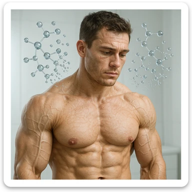 25-year-old bodybuilder with decreasing collagen levels, hyper realistic style, defined muscles, skin with slight wrinkles, collagen molecules dissolving above the skin, clinical atmosphere, light background sticker