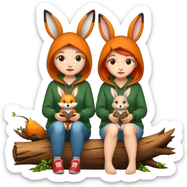 two forest women with cute fox and rabbit hoodies sitting together on log sticker