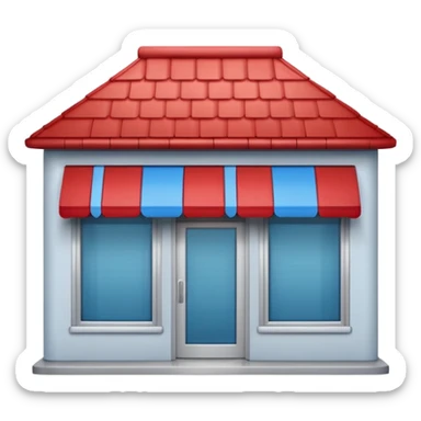 miniature storefront with clean rounded structure, simple peaked red roof, large front windows, sliding glass double doors, light gray walls, blue sign area, no text or logos, subtle shadows, soft lighting, cute and minimal like Apple emojis, front-facing, centered, plain background sticker