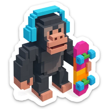 gorilla with headphones holding a skateboard, isometric view, voxel style sticker