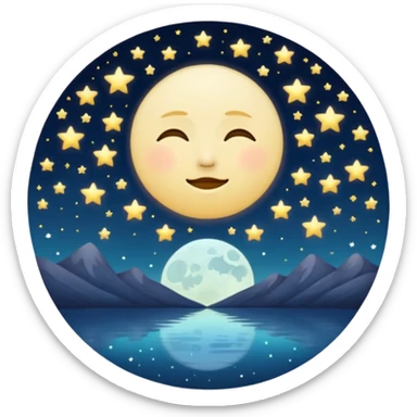 "Design a calming circle emoji for evening reflection. Soft moonlight, gentle stars, peaceful or spiritual symbols. No people - emphasize tranquil colors, night sky elements, and serene spiritual imagery." sticker