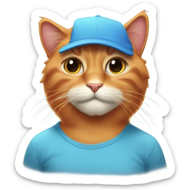 tan-red cat wearing a light-blue t-shirt and a blue base cap taps musical keyboard sticker