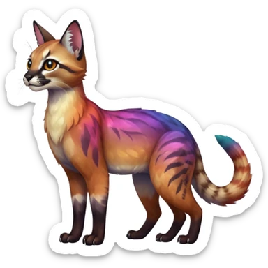 Realistic Colorful pale nebula gradients-colored randomly-colored fruity glorious exotic neon vibrant zigzagged fantasy-caracal-civet-genet-sergal-vernid-Gryphon-Cacomistle-Trico-oncilla-animal-Fakémon-hybrid-fursona (full body), facial markings, (realism style) sticker