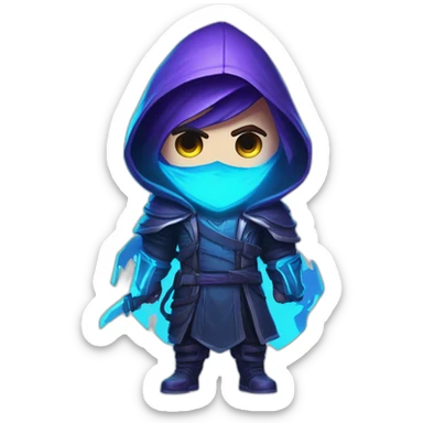 Riot Games Valorant Omen Male neon blue eyes glowing bright blue Video game character blue purple hooded assassin themed character shrouded wraith sticker