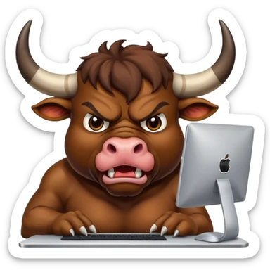 un toro arrabbiato seduto davanti al pc che impreca sticker