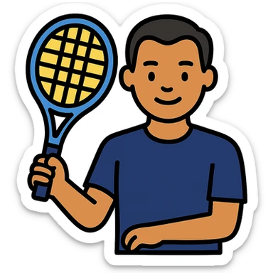 light brown skinned male tennis coach, short straight black hair with widow's peak, oval face, small eyes, smiling, holding blue Yonex tennis racket, wearing dark navy blue dry fit shirt sticker