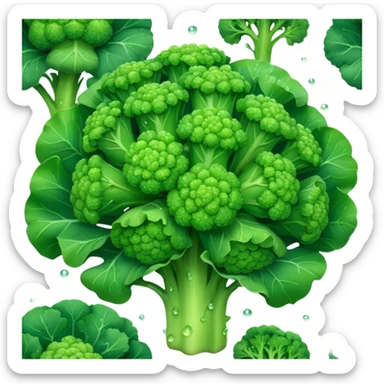Cinematic lush green broccoli, detailed florets glistening with dewdrops, ultra-fresh and vibrant, soft glowing background, healthy and delicious. sticker