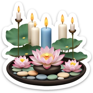 A photorealistic icon featuring lotus flowers, burning candles, incense sticks, smooth meditation stones, and a tranquil setting with soft, calming natural elements. Subtle, peaceful colors and detailed textures that evoke a sense of mindfulness and inner peace. Transparent background sticker
