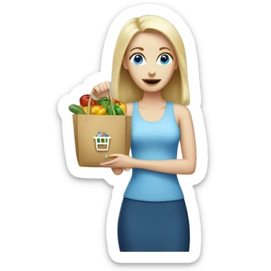 white woman, blue eyes, buying shopping sticker