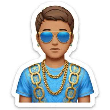 fashionable young man emoji with short brown hair, sunglasses on head, ornate blue and gold Versace shirt, chain necklace, jeans sticker