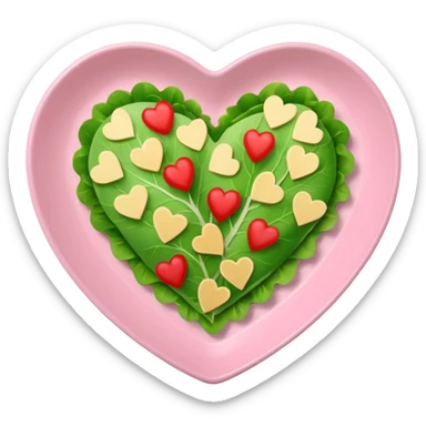 green salad in a light pink heart shaped plate sticker