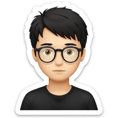 a light tan handsome boy with messy a black hair and spectacles. wearing a black tshirt sticker