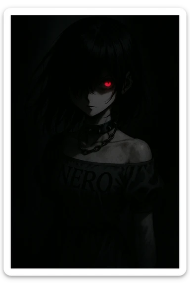 Anime girl emerging from darkness, jet-black hair over her face, turning right. Her left eye glows red with a menacing aura. She wears a black leather necklace with metal rings, and her dress has 'NERO' engraved in bold black script. sticker