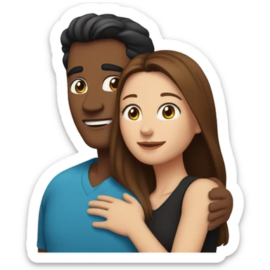 Couple embracing with arms around each other; white woman with blue eyes and brown hair, Indian man with black hair  sticker