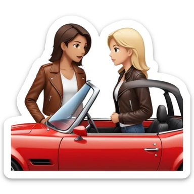 woman standing outside sports car talking to man inside sports car with window down sticker