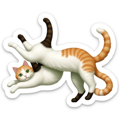 ginger and white cat with green eyes doing a big extremely long stretch reaching up into the air with arms and legs side by side together straight and overextended whilst lying on its side sticker
