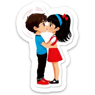 Boy with brown hair and girl with black hair and bangs, kissing sticker