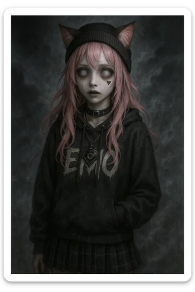 realistic anime catgirl with pink hair, emo streetwear, heart tattoo under left eye, dark magical accessory, sparkles, stormy background, ghostly horror expression with pale face, hollow eyes, faint mist sticker