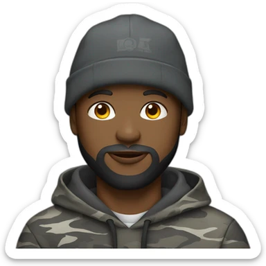black man with a beard, gray camo hat, black pullover  hoodie sticker