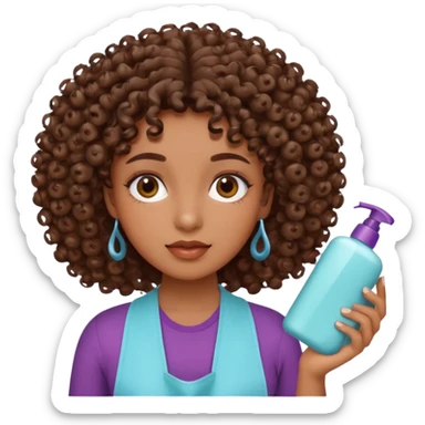 Menina na cor parda, com os cabelos bem cacheados e fazendo o movimento col produtos na mão limpando e cuidando do rosto sticker