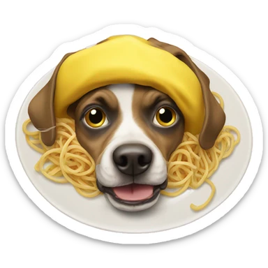 stupid ass fucking dog eating a plate of spaghetti with a yellow minion hat on his head sticker